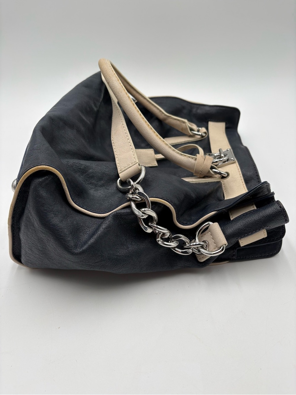 Michael Kors Navy Blue & Beige Leather Shoulder Satchel Handbag Purse - Picture 10 of 15